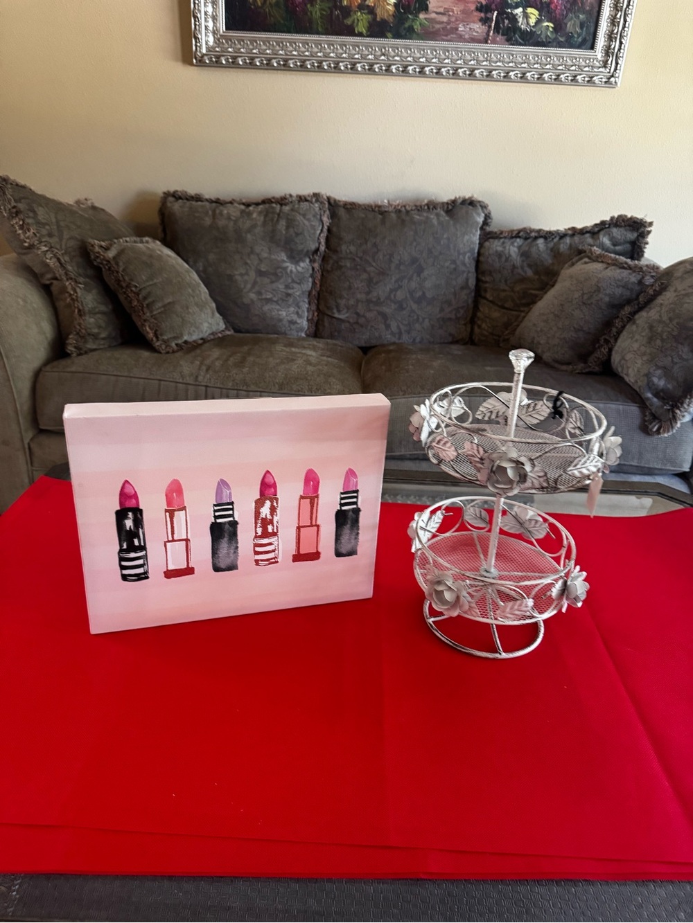 two tier vanity organizer and wall art